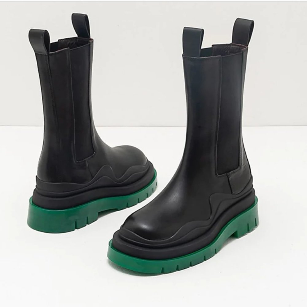 Black Leather w/Green Sole Lug Boots - Picture 2 of 3